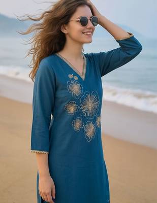 Teal women floral embroidered thread work kurta with trousers 5