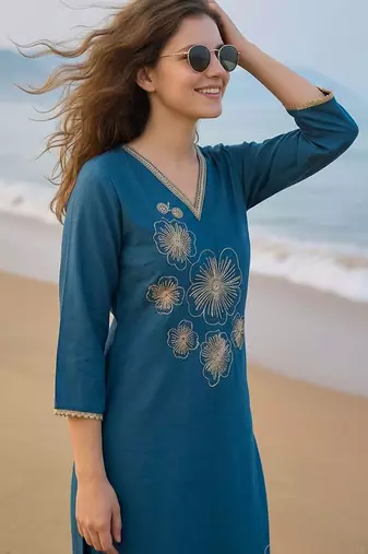 Teal women floral embroidered regular thread work kurta with trousers