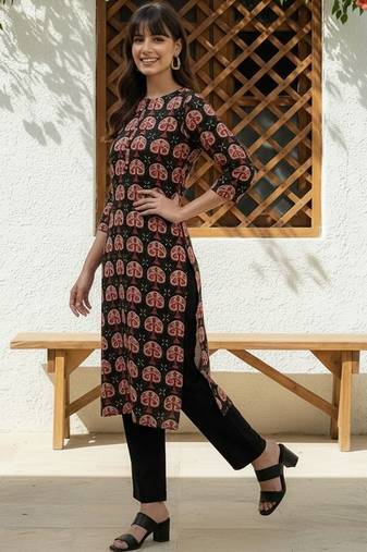 Black women cotton ethnic motifs printed kurta