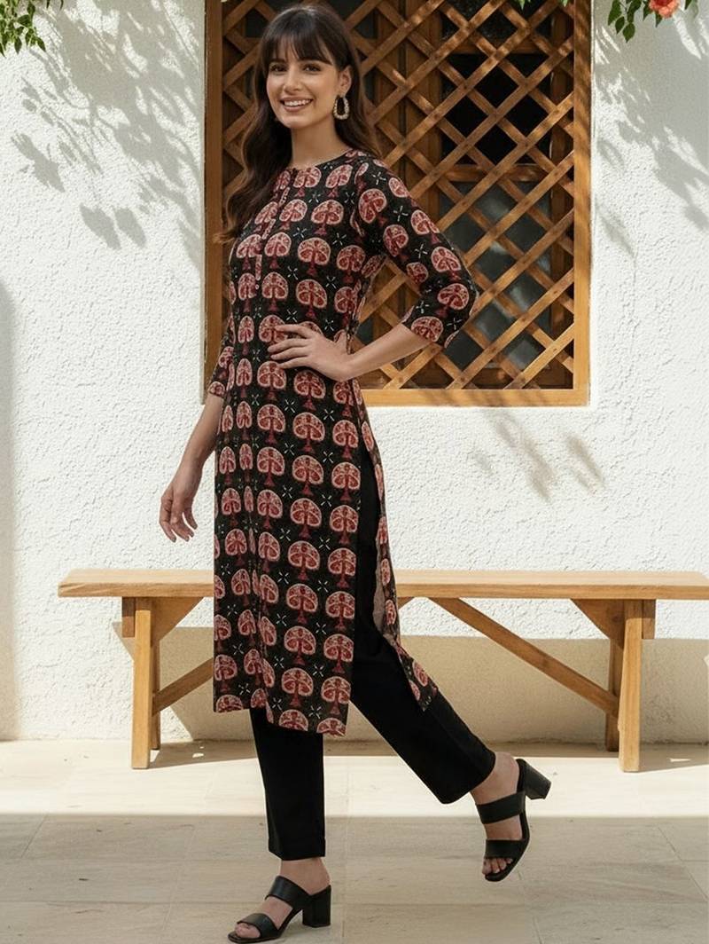 Black women cotton ethnic motifs printed kurta