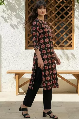 Black women cotton ethnic motifs printed kurta