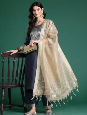 Grey floral printed straight kurta with trouser and dupatta 1