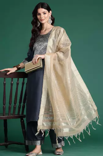 Grey floral printed straight kurta with trouser and dupatta