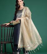 Grey floral printed straight kurta with trouser and dupatta