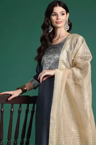 Grey floral printed straight kurta with trouser and dupatta