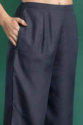 Grey floral printed straight kurta with trouser and dupatta