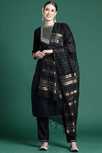 Black yoke design straight pure cotton zari kurta with trousers & dupatta