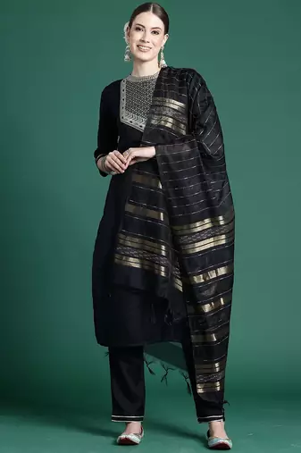 Black yoke design straight pure cotton zari kurta with trousers & dupatta