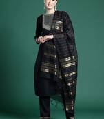 Black yoke design straight pure cotton zari kurta with trousers & dupatta