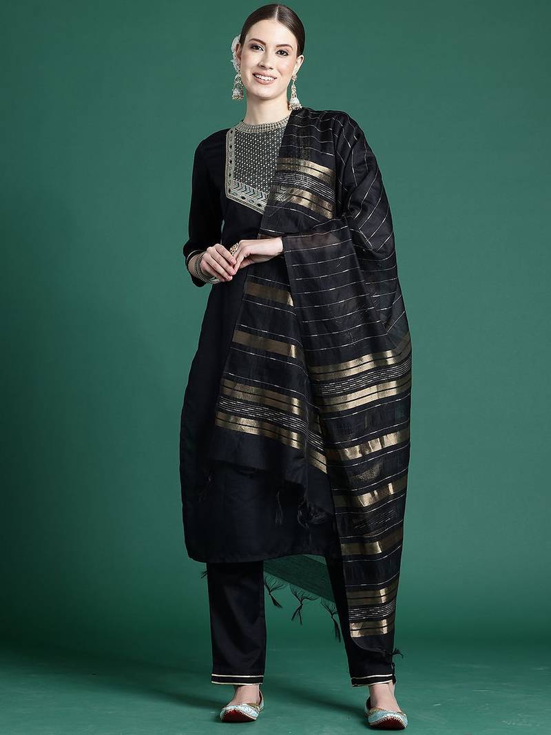 Black yoke design straight pure cotton zari kurta with trousers & dupatta