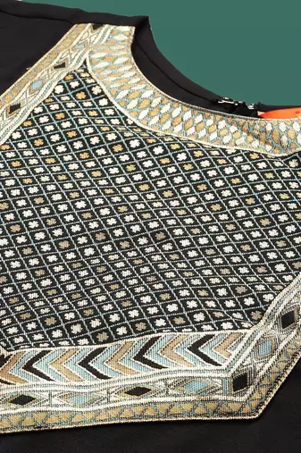 Black yoke design straight pure cotton zari kurta with trousers & dupatta