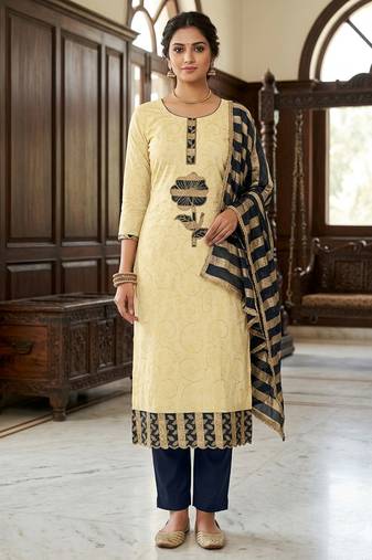 Cream color jam cotton fabric designer ethnic partywear suit