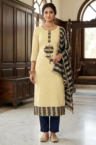 Cream color jam cotton fabric designer ethnic partywear suit