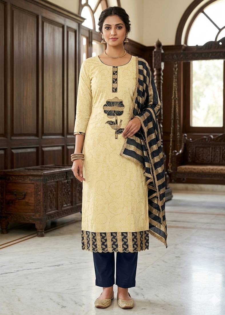 Cream color jam cotton fabric designer ethnic partywear suit
