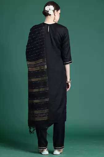 Black yoke design straight pure cotton zari kurta with trousers & dupatta