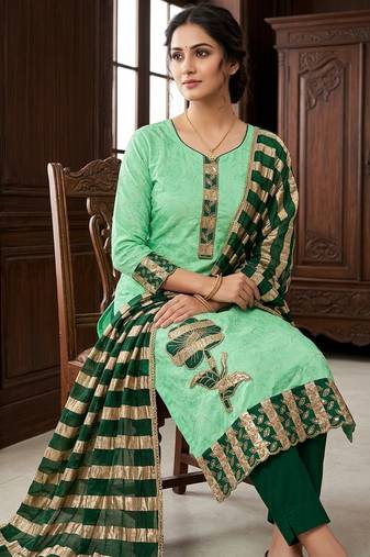 Green color jam cotton fabric designer ethnic partywear suit