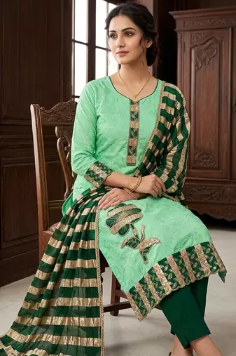 Green color jam cotton fabric designer ethnic partywear suit