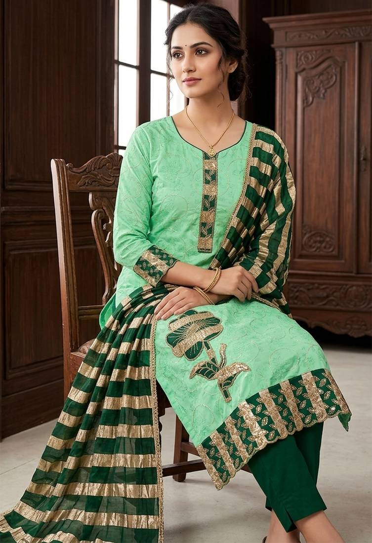 Green color jam cotton fabric designer ethnic partywear suit