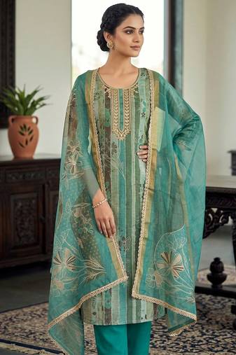 Sea green color beautiful and ethnic partywear cotton linen simmer fabric suit