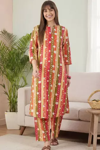 Multicolor women printed regular pure cotton kurta with palazzos