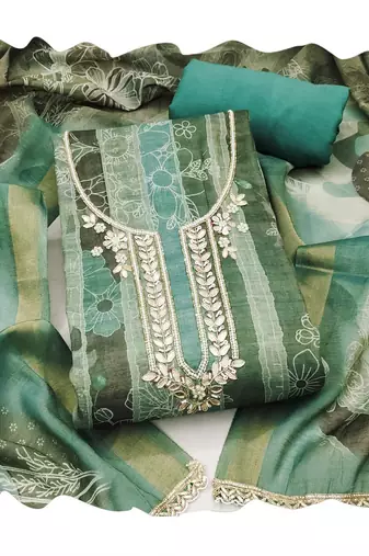 Sea green color beautiful and ethnic partywear cotton linen simmer fabric suit