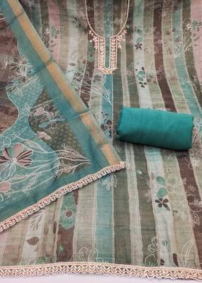 Sea green color beautiful and ethnic partywear cotton linen simmer fabric suit 3