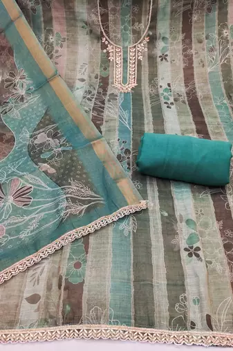 Sea green color beautiful and ethnic partywear cotton linen simmer fabric suit