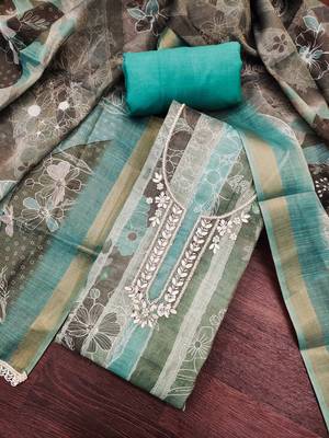 Sea green color beautiful and ethnic partywear cotton linen simmer fabric suit 4