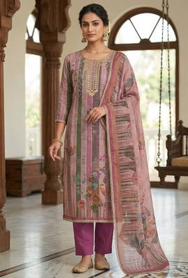 Purple color beautiful and ethnic partywear cotton linen simmer fabric suit 1