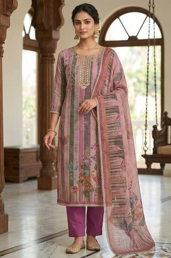 Purple color beautiful and ethnic partywear cotton linen simmer fabric suit