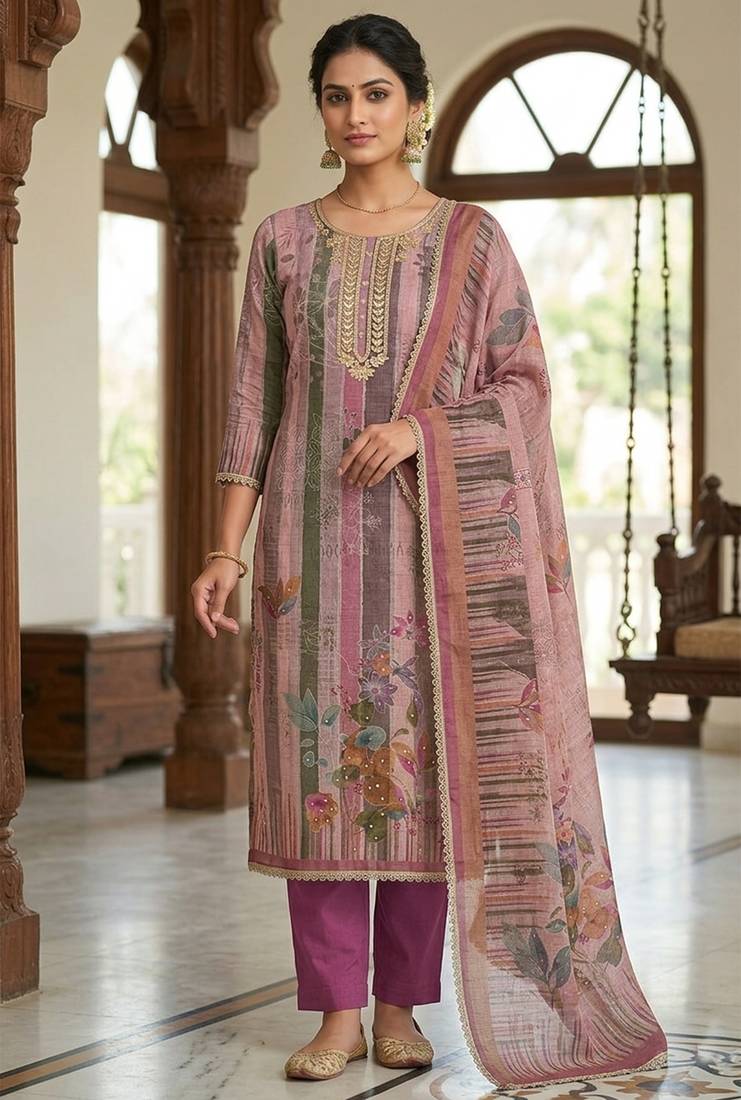 Purple color beautiful and ethnic partywear cotton linen simmer fabric suit