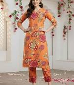Orange women floral printed regular kurta with trousers
