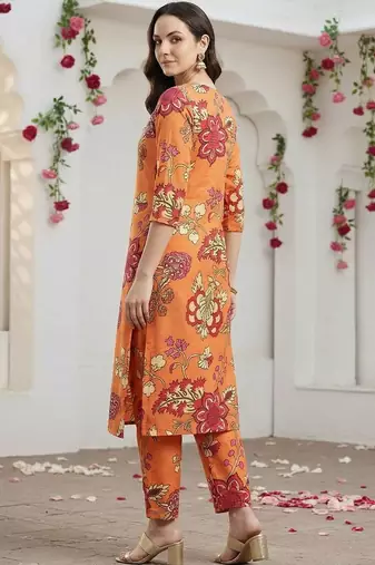 Orange women floral printed regular kurta with trousers