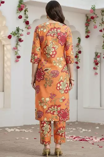 Orange women floral printed regular kurta with trousers
