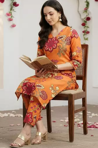 Orange women floral printed regular kurta with trousers