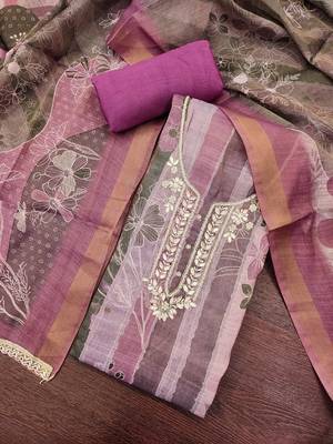 Purple color beautiful and ethnic partywear cotton linen simmer fabric suit 4