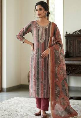 Brown color beautiful and ethnic partywear cotton linen simmer fabric suit 1