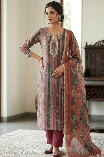 Brown color beautiful and ethnic partywear cotton linen simmer fabric suit