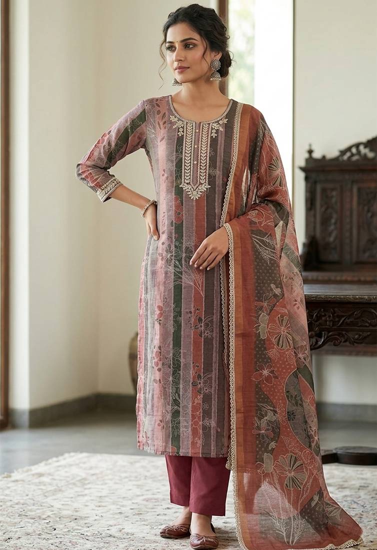 Brown color beautiful and ethnic partywear cotton linen simmer fabric suit