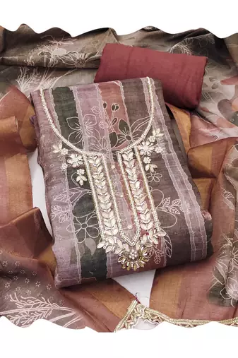 Brown color beautiful and ethnic partywear cotton linen simmer fabric suit