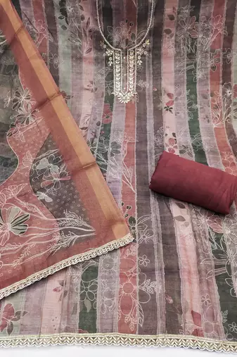 Brown color beautiful and ethnic partywear cotton linen simmer fabric suit