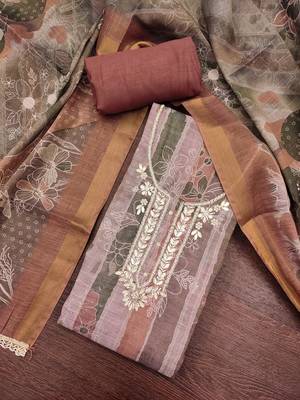 Brown color beautiful and ethnic partywear cotton linen simmer fabric suit 4