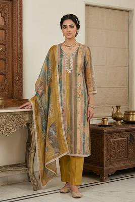 Mustard color beautiful and ethnic partywear cotton linen simmer fabric suit 1