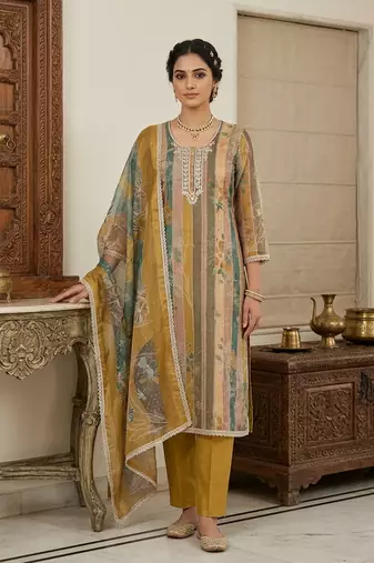 Mustard color beautiful and ethnic partywear cotton linen simmer fabric suit