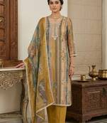 Mustard color beautiful and ethnic partywear cotton linen simmer fabric suit