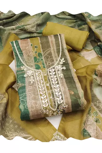 Mustard color beautiful and ethnic partywear cotton linen simmer fabric suit