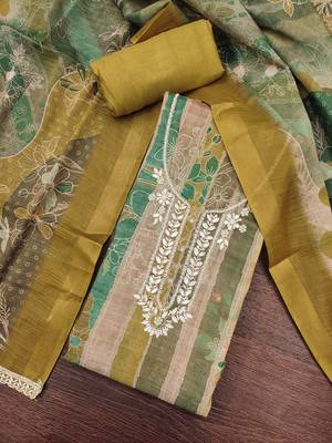 Mustard color beautiful and ethnic partywear cotton linen simmer fabric suit 4