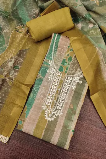 Mustard color beautiful and ethnic partywear cotton linen simmer fabric suit