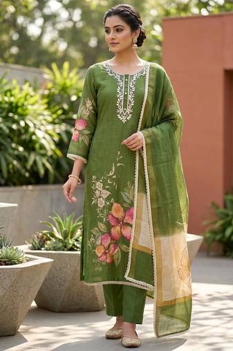 Mahendi color beautiful and ethnic partywear cotton linen simmer fabric suit
