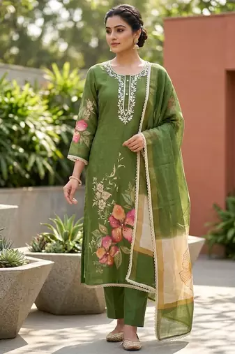 Mahendi color beautiful and ethnic partywear cotton linen simmer fabric suit
